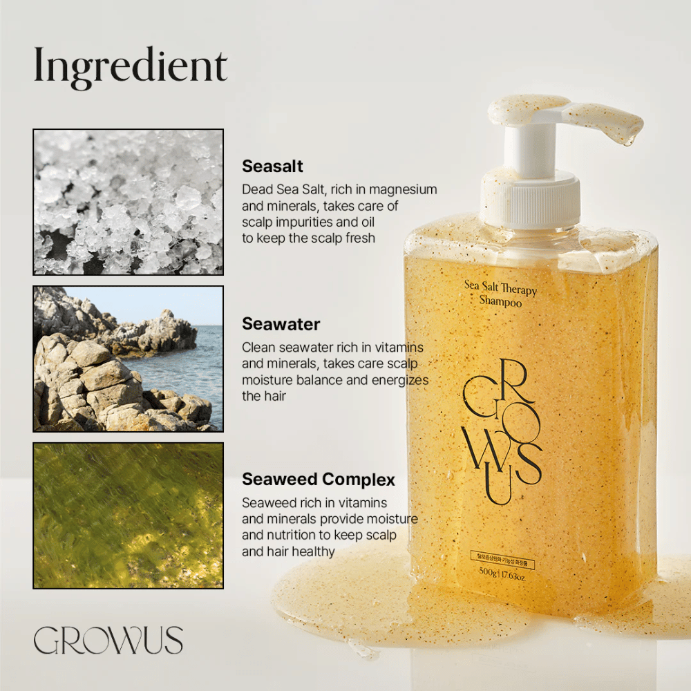 Ingrediënten in GROWUS Sea Salt Therapy Shampoo met zeezout, zeewater en zeewiercomplex voor de hoofdhuid