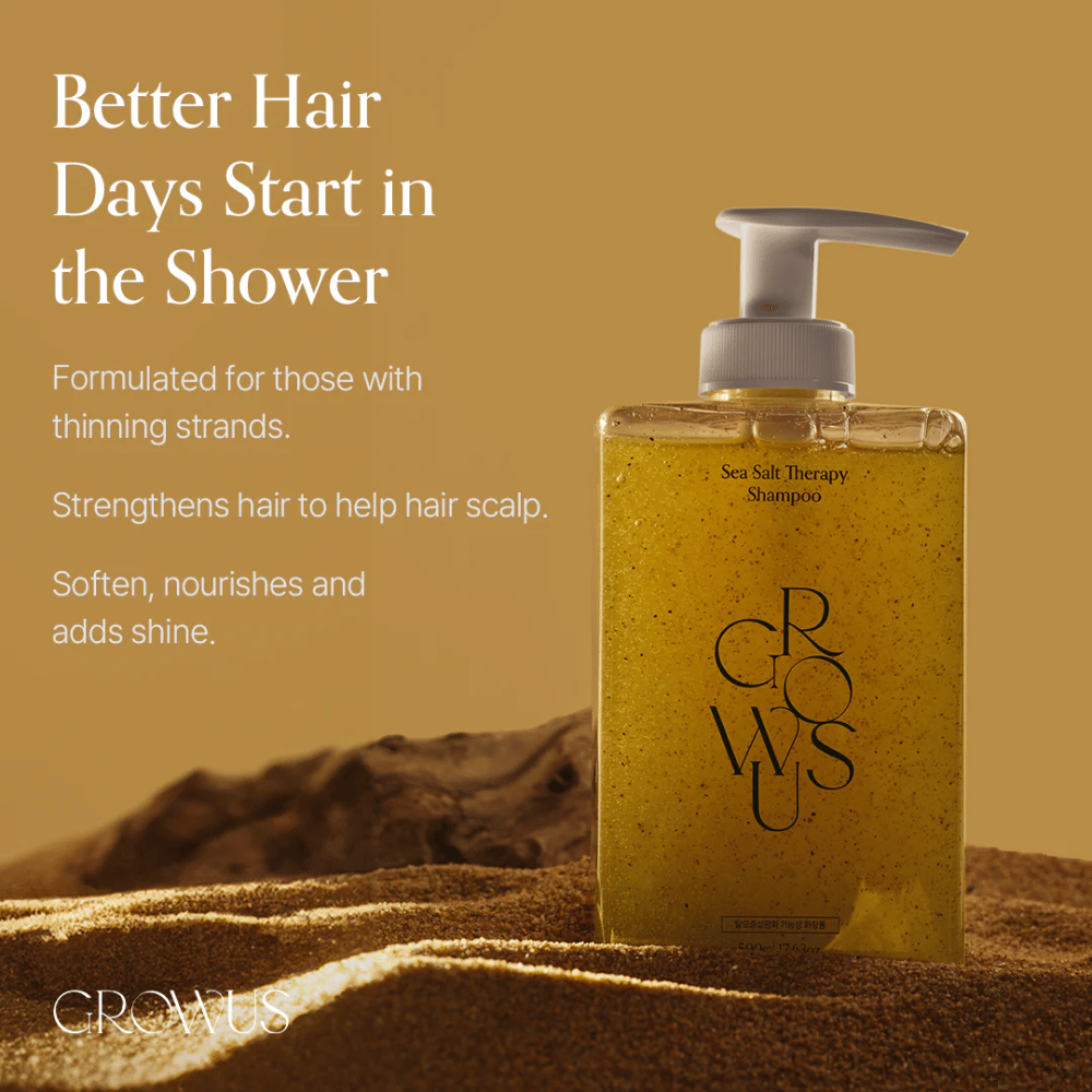 GROWUS Sea Salt Therapy Shampoo dat dun haar versterkt, glans geeft en de hoofdhuid verzorgt met zeezout