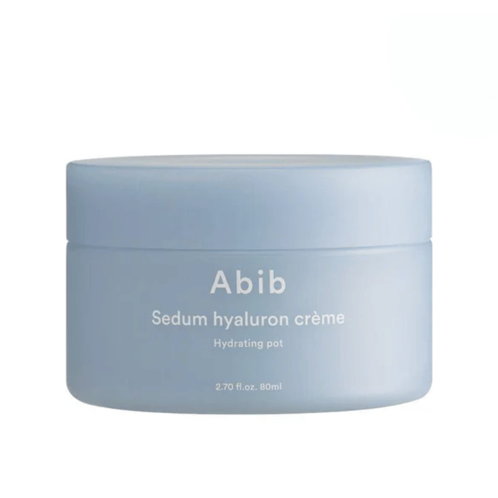 Abib Sedum Hyaluron Crème Hydrating Pot 80 ml in een stijlvol, lichtblauw rond potje met witte tekst.
