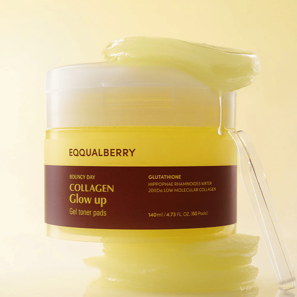 Bouncy Day Collagen Glow up Gel Toner Pads die laagmoleculair collageen en glutathion bevat om de huid een gezonde gloed en hydratatie te geven.