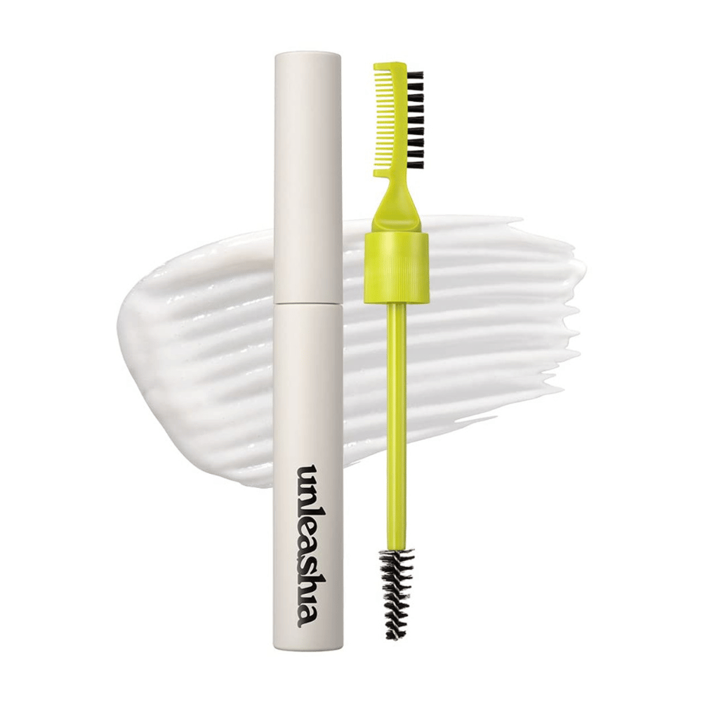 Wenkbrauwpomade "unleashia" met applicator, groene kam en zwarte borstel tegen een witte, golvende achtergrond.