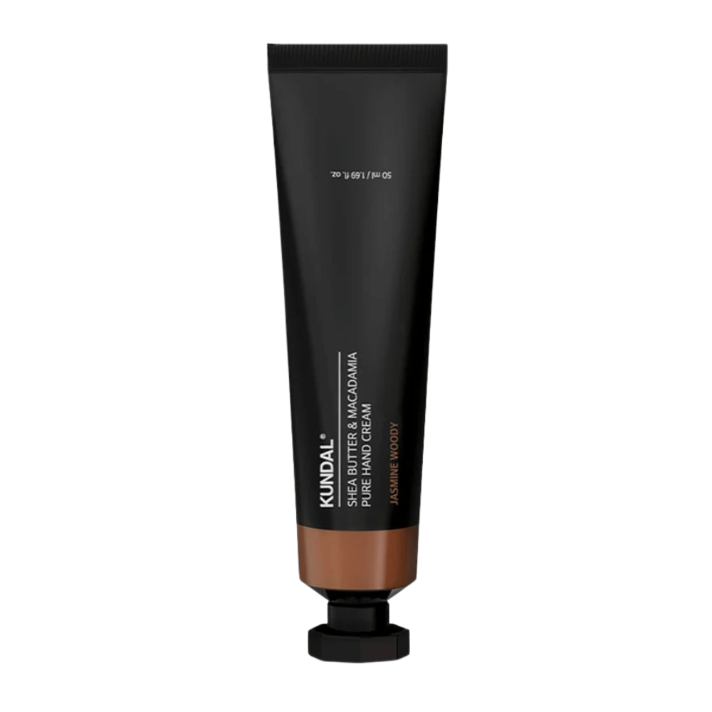 KUNDAL Shea Butter & Macadamia Pure Hand Cream Jasmine Woody staande op witte achtergrond – intens hydraterende handcrème met sheaboter en macadamia voor dagelijkse handverzorging.