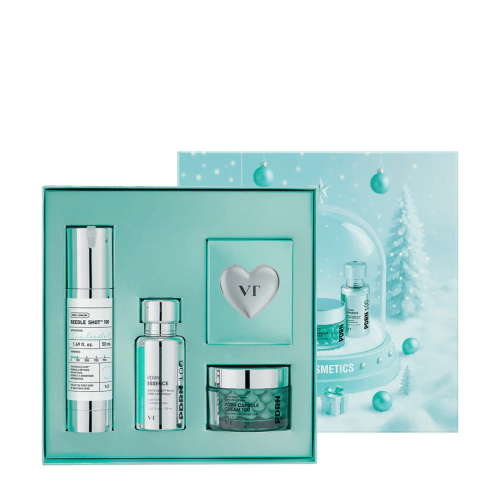 VT Cosmetics Shining Holiday Set – elegante geschenkdoos met Reedle Shot 100, PDRN Essence, PDRN Capsule Cream en sleutelhanger.