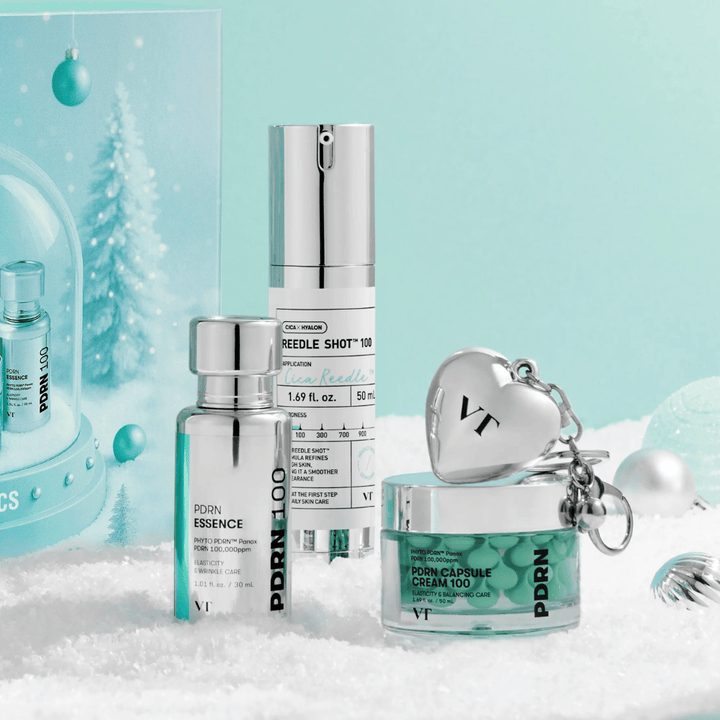 VT Cosmetics Shining Holiday Set – luxe Huidverzorgingsset met PDRN Essence, Reedle Shot 100 en PDRN Capsule Cream in wintergeïnspireerd ontwerp.