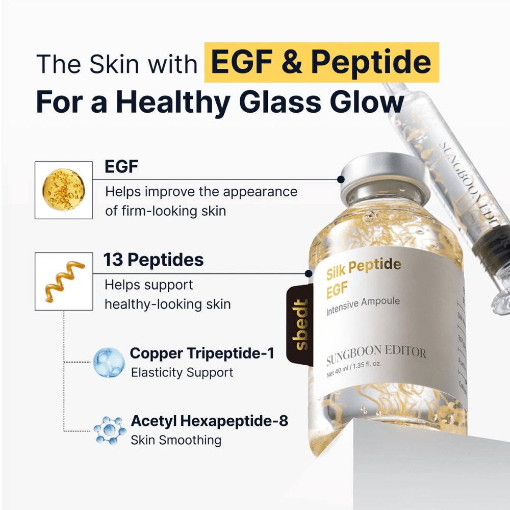 Silk Peptide EGF Intensive Ampoule bevat EGF, 13 peptiden evenals kopertripeptide-1 en acetylhexapeptide-8 die samen helpen de elasticiteit van de huid te ondersteunen, het uiterlijk van de huid te verbeteren en een natuurlijke glow te geven.