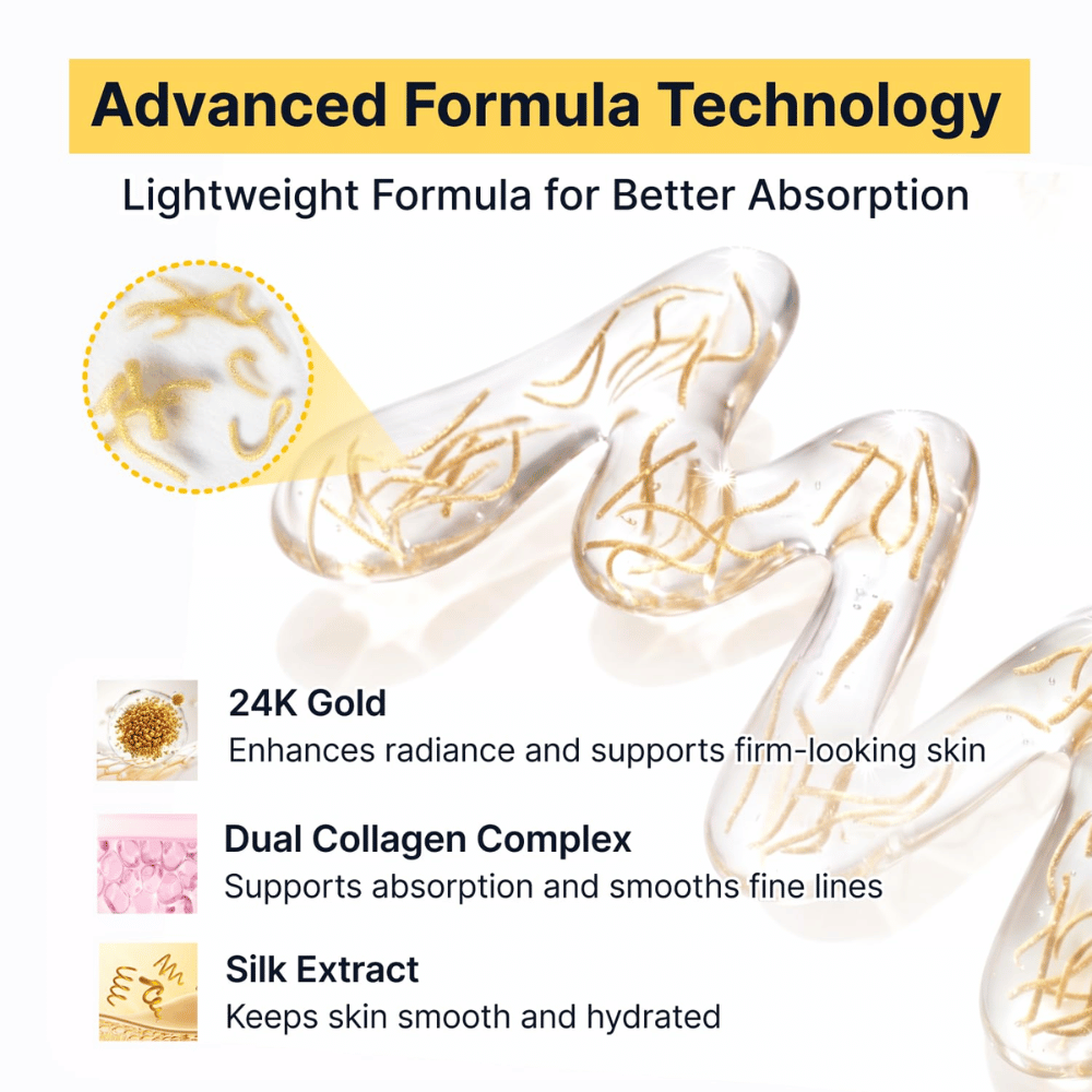 Silk Peptide EGF Intensive Ampoule combineert 24K goud, zijde-extract en een dubbel collageencomplex om de huid glans, hydratatie en een steviger gevoel te geven, terwijl de lichte formule snel wordt opgenomen.