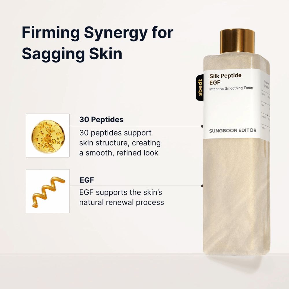 SUNGBOON EDITOR Silk Peptide EGF Intensive Smoothing Toner – toner met 30 peptiden en EGF voor een egalere huid