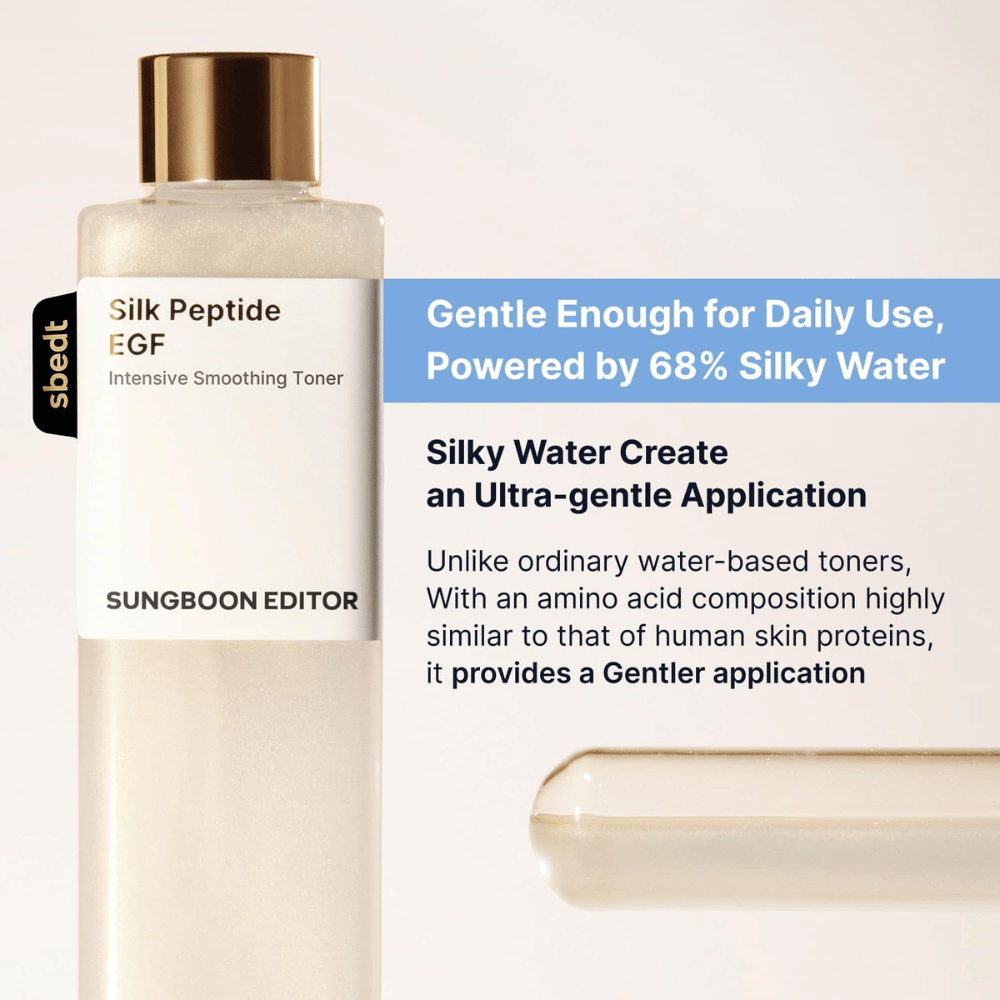 SUNGBOON EDITOR Silk Peptide EGF Intensive Smoothing Toner – milde toner met 68% silky water voor dagelijks gebruik
