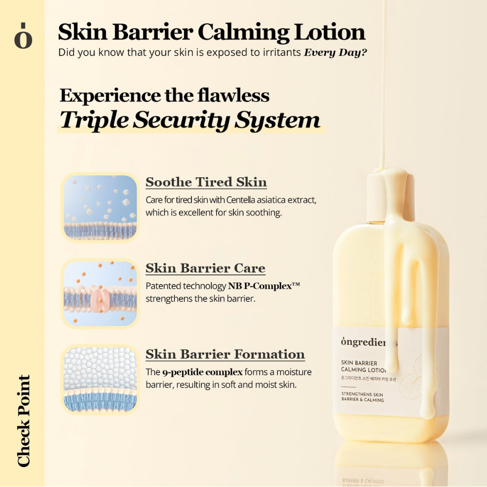 Ongredients Skin Barrier Calming Lotion met Centella Asiatica en peptiden die de huid kalmeren, de huidbarrière versterken en langdurige hydratatie bieden.
