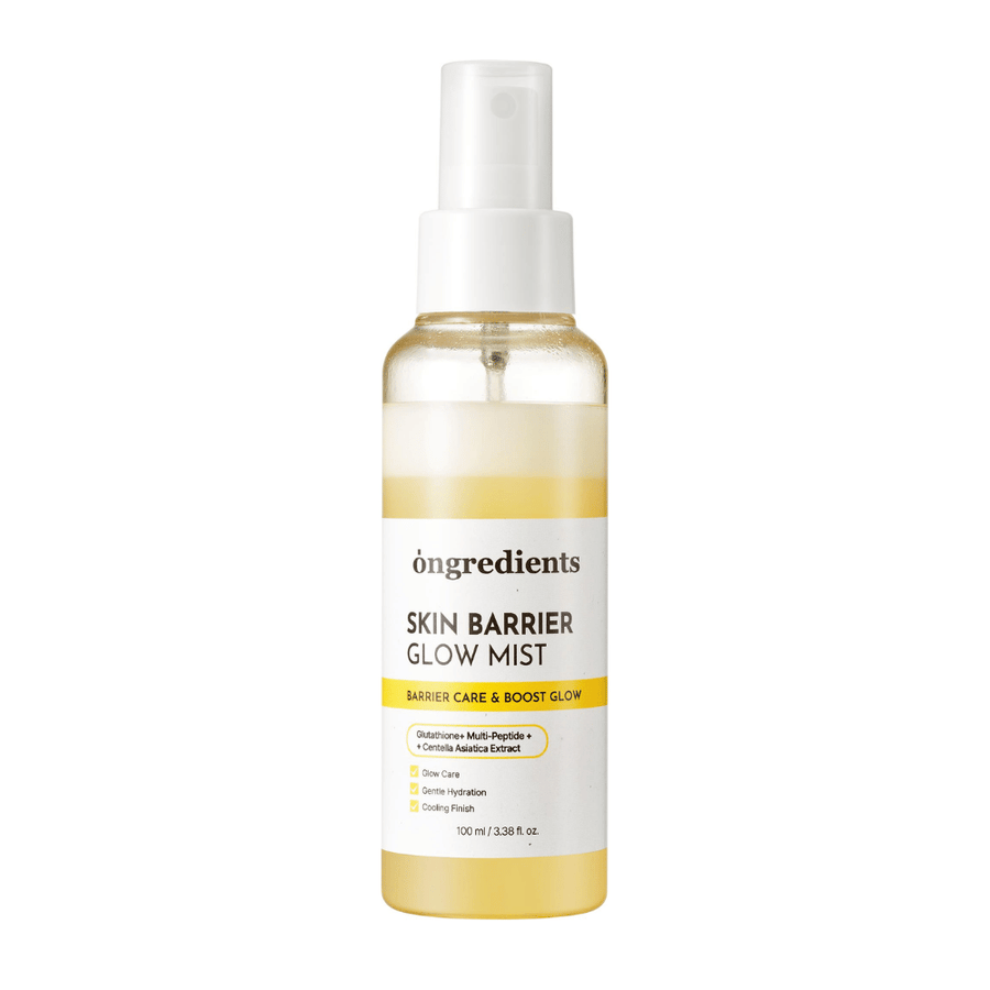 Ongredients Skin Barrier Glow Mist gezichtsspray met dual layer-formule die de huid hydrateert, de huidbarrière versterkt en een natuurlijke glow geeft.