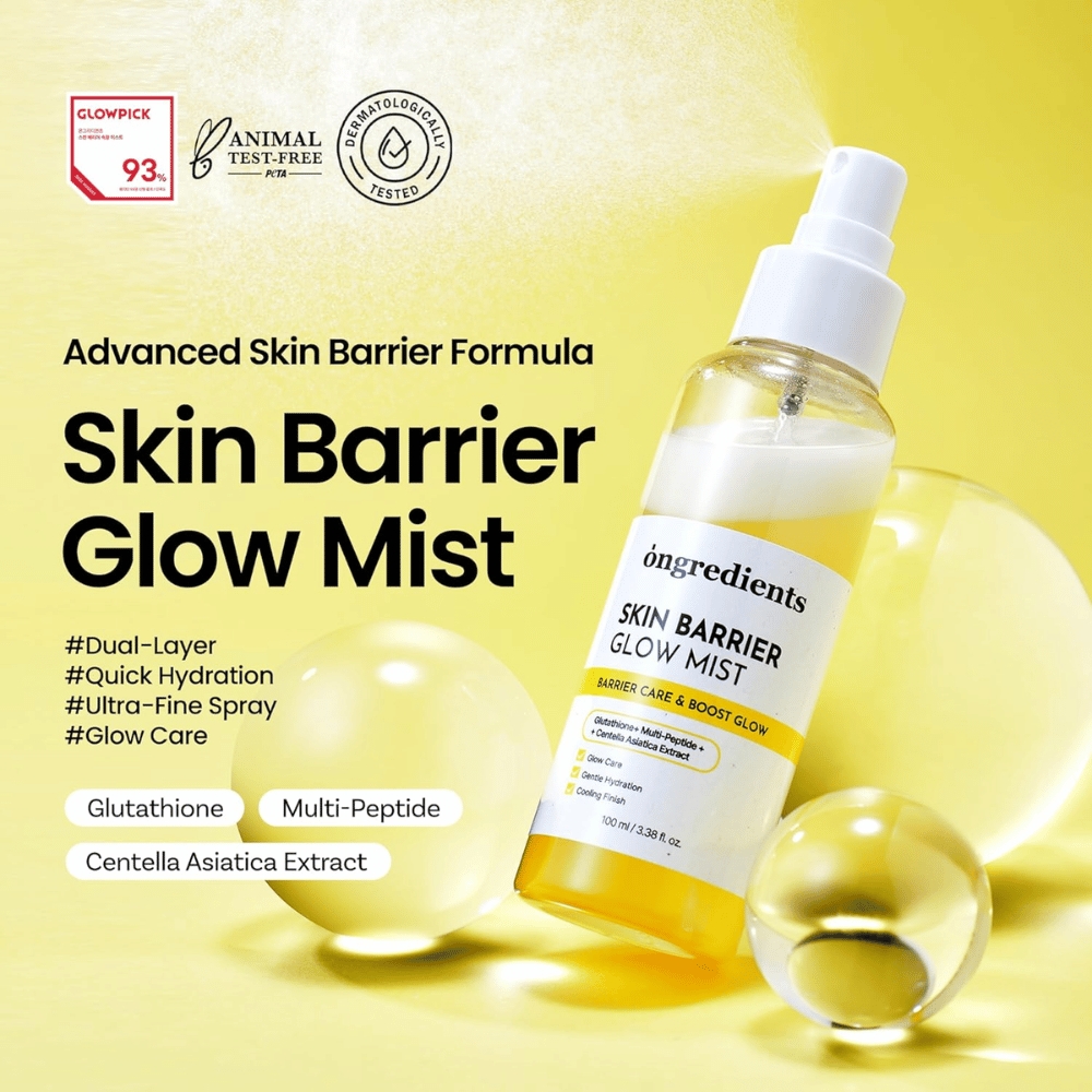 Ongredients Skin Barrier Glow Mist 100 ml gezichtsspray met ceramiden, peptiden en Centella Asiatica voor hydratatie en een barrièerversterkend effect.