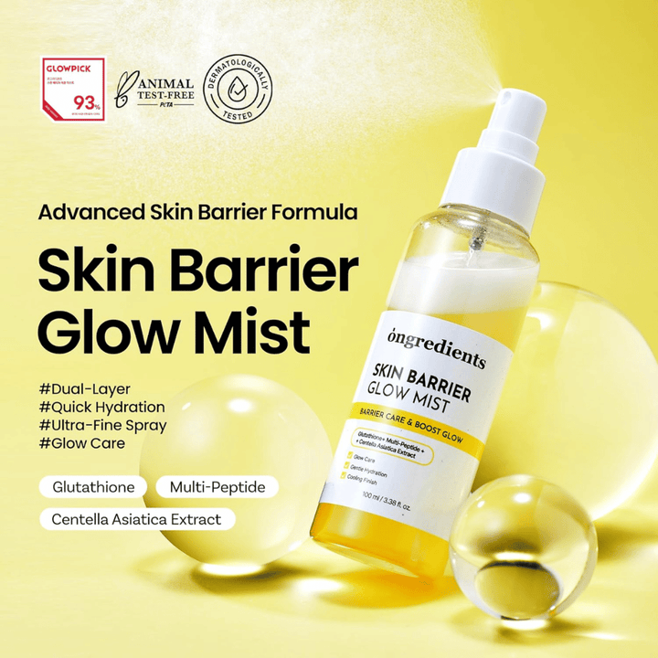 Ongredients Skin Barrier Glow Mist 100 ml gezichtsspray met ceramiden, peptiden en Centella Asiatica voor hydratatie en een barrièerversterkend effect.
