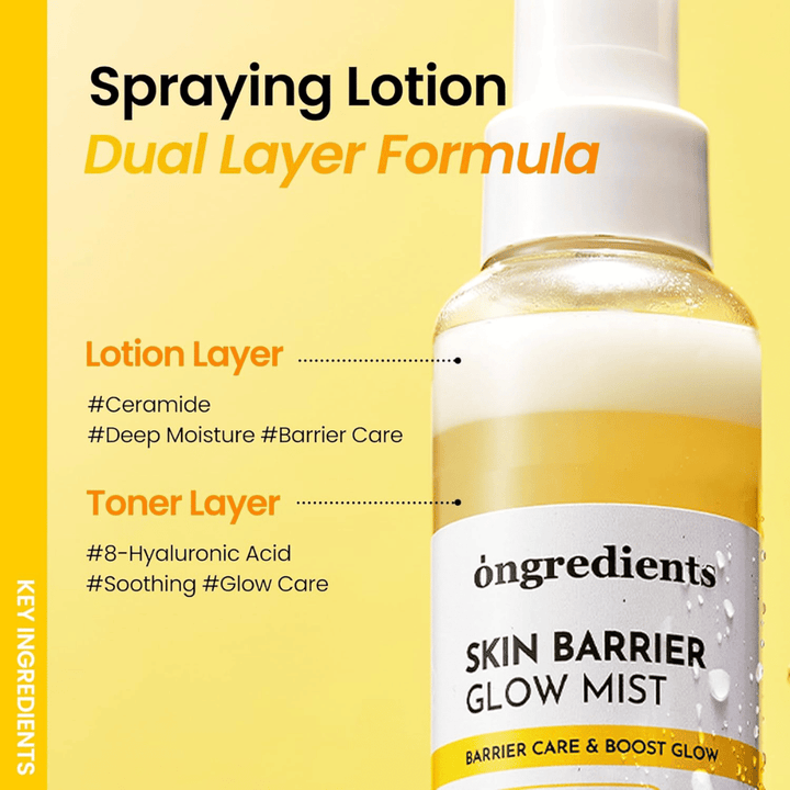 Ongredients Skin Barrier Glow Mist dual layer-gezichtsspray met hyaluronzuur en ceramiden die diepe hydratatie biedt en de huidbarrière beschermt.