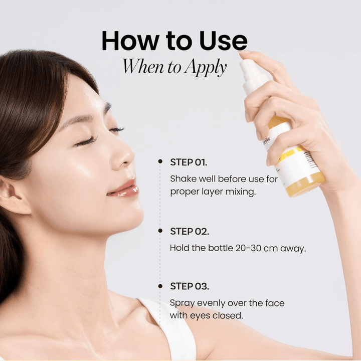 Ongredients Skin Barrier Glow Mist wordt gebruikt als gezichtsspray op 20–30 cm van de huid voor snelle hydratatie, glow en verfrissing gedurende de dag.