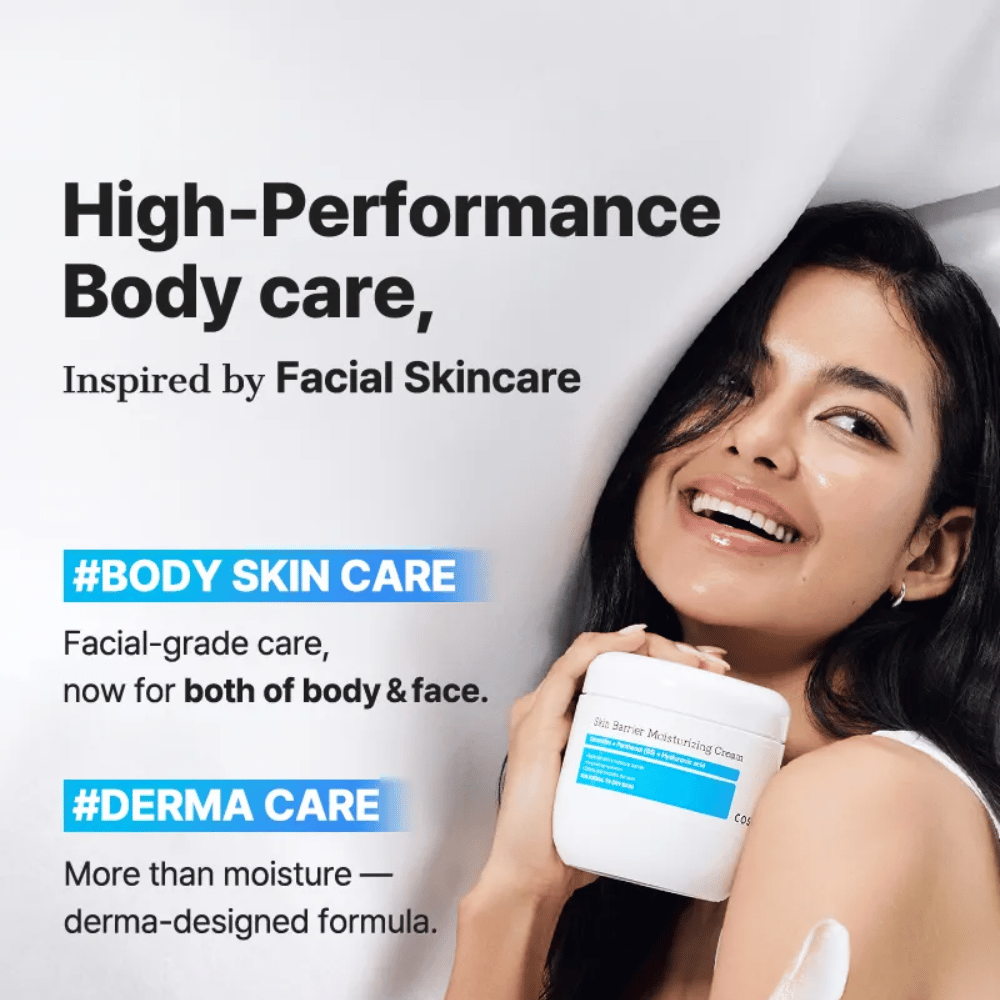 Vrouw met COSRX Skin Barrier Cream – krachtige lichaamsverzorging met gezichtsverzorgingskwaliteit en dermaformule.