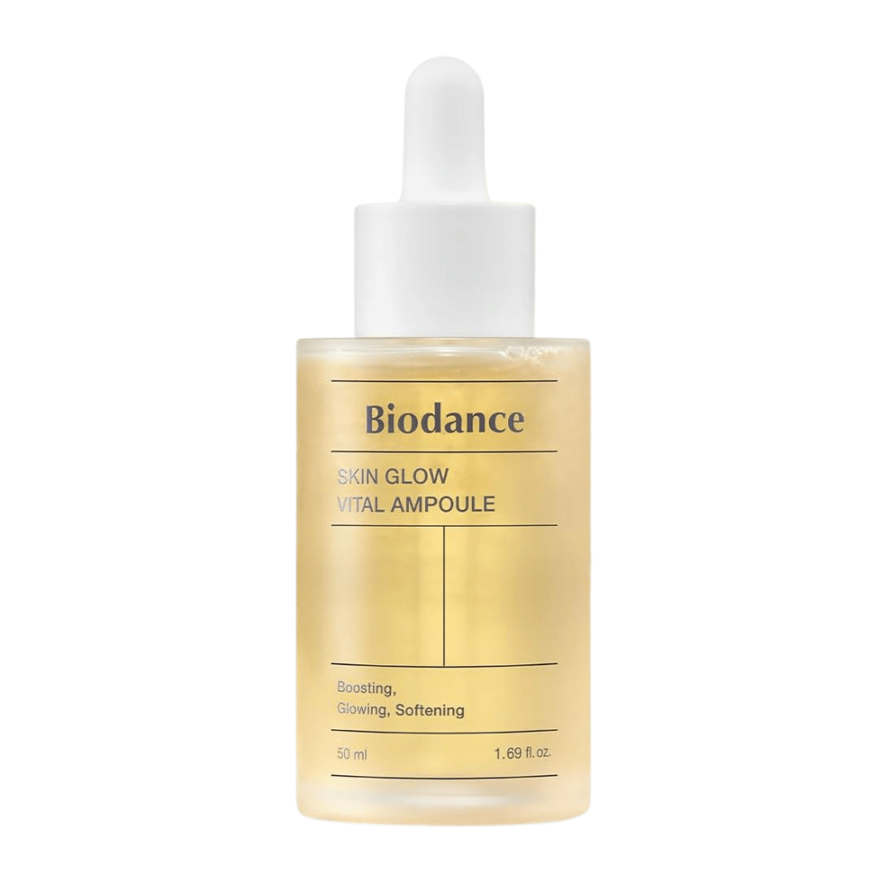 Fles met Biodance Skin Glow Vital Ampoule, een gezichtsampul die de huid een boost geeft, glans geeft en verzacht. Bevat 50 ml en is ontworpen om de huid een stralend en vitaal gevoel te geven.
