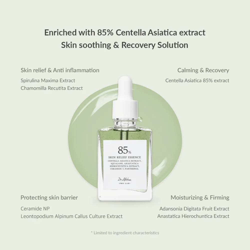 Dr. Althea Skin Relief Essence is verrijkt met 85% Centella Asiatica-extract en biedt kalmerende en herstellende verzorging. Bevat ontstekingsremmende ingrediënten zoals spirulina en kamille, ceramiden om de huidbarrière te versterken en hydraterende extracten van baobab en anastatica. Perfect voor gevoelige, rode en gestreste huid.