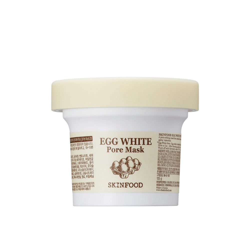 EN SKINFOOD Egg White Pore Mask 120g op witte achtergrond, ontworpen voor poriënreiniging en huidverbetering.