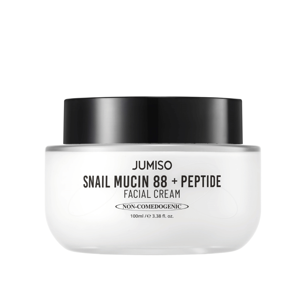 JUMISO Snail Mucin 88 + Peptide Facial Cream in een witte pot met een zwarte dop. Gezichtscrème met 88% slakkensecretie en peptiden voor intensieve huidverzorging en hydratatie.