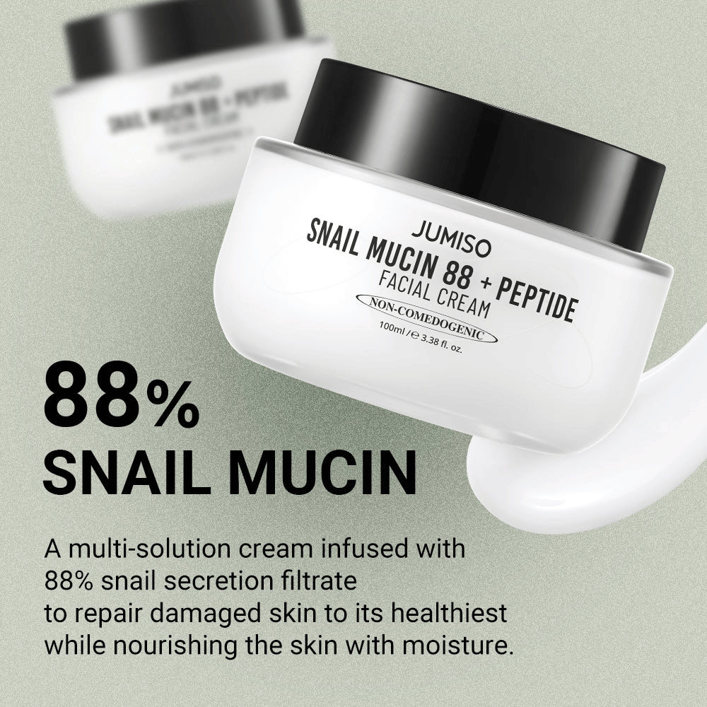 JUMISO Snail Mucin 88 + Peptide Facial Cream met 88% slakkensecretiefiltraat, ontworpen om beschadigde huid te herstellen en diep te hydrateren. Tekst op de afbeelding beschrijft de herstellende en hydraterende eigenschappen.