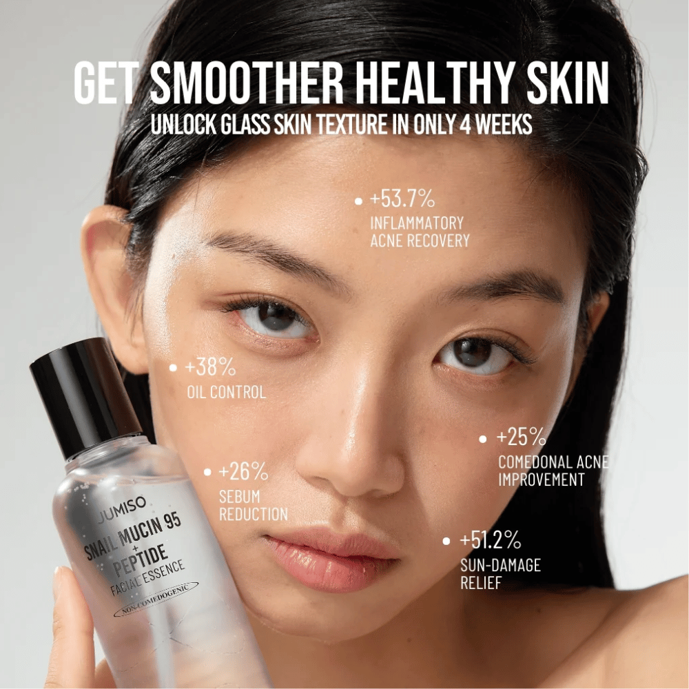Vrouw met egale huidtint houdt Jumiso Snail Mucin 95 + Peptide Facial Essence vast. De tekst toont verbeteringen zoals verminderde acne, minder olie en verbeterd huidherstel.