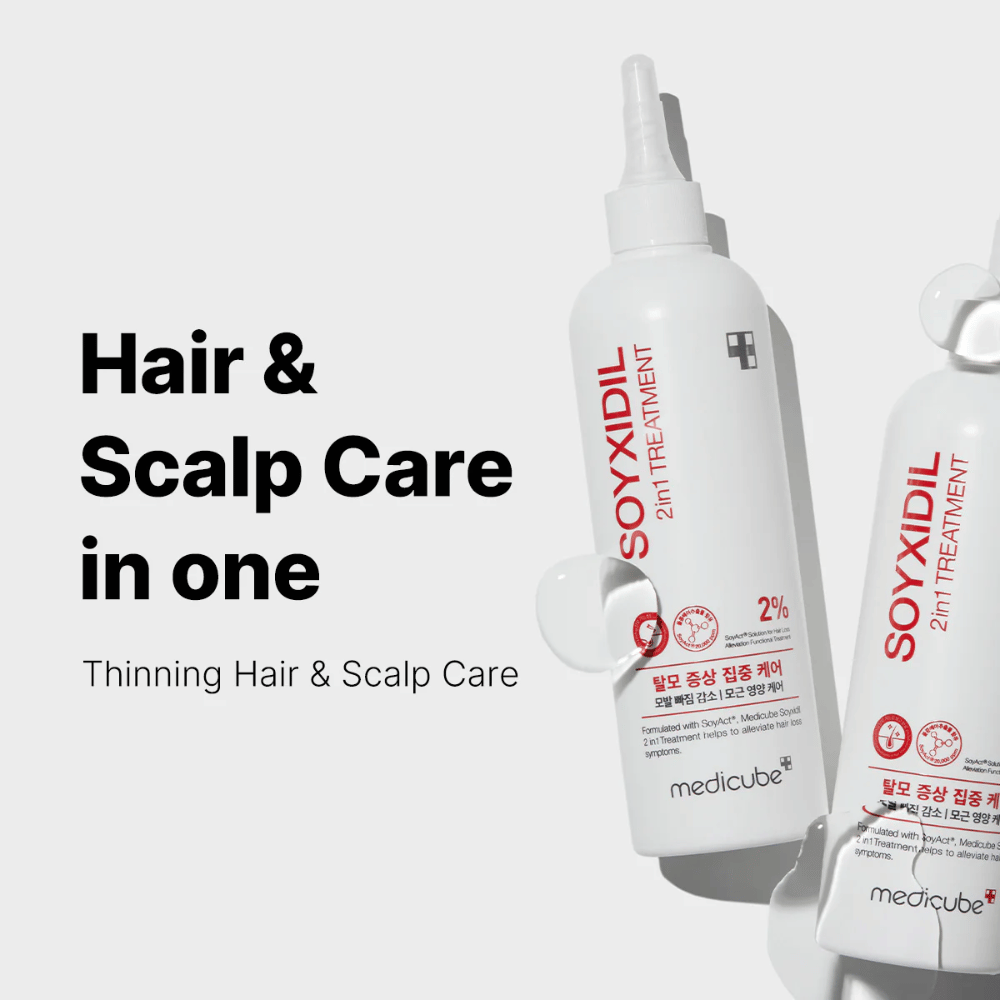 Medicube Soyxidil 2in1 Treatment wordt getoond met de tekst 'Hair & Scalp Care in one - Thinning Hair & Scalp Care'. Voor sterker haar en een gezondere hoofdhuid.