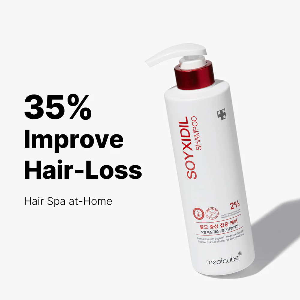 Medicube Soyxidil Shampoo wordt getoond met tekst: '35% Verbetering Haarverlies - Hair Spa at-Home'. Shampoo voor haaruitval en gezonde hoofdhuid.