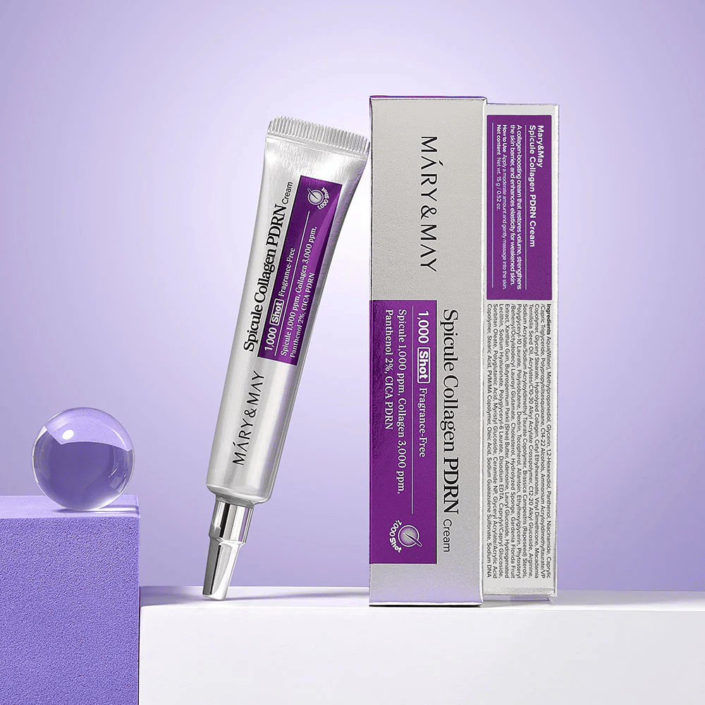 Mary & May Spicule Collagen PDRN Cream naast originele verpakking, regenererende gezichtscrème met collageen, PDRN en spicula.