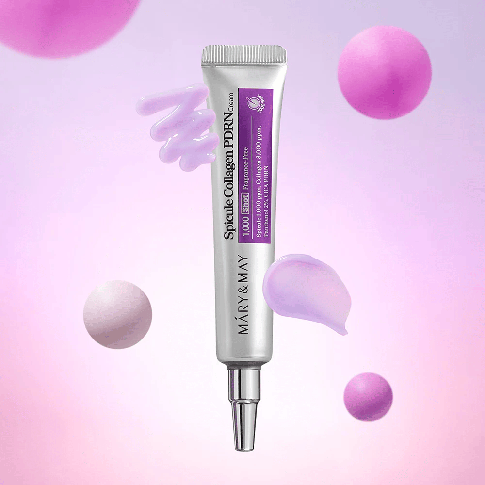 Mary & May Spicule Collagen PDRN Cream met crème textuur, geavanceerde Koreaanse huidverzorging die celvernieuwing stimuleert en stevigere huid geeft.