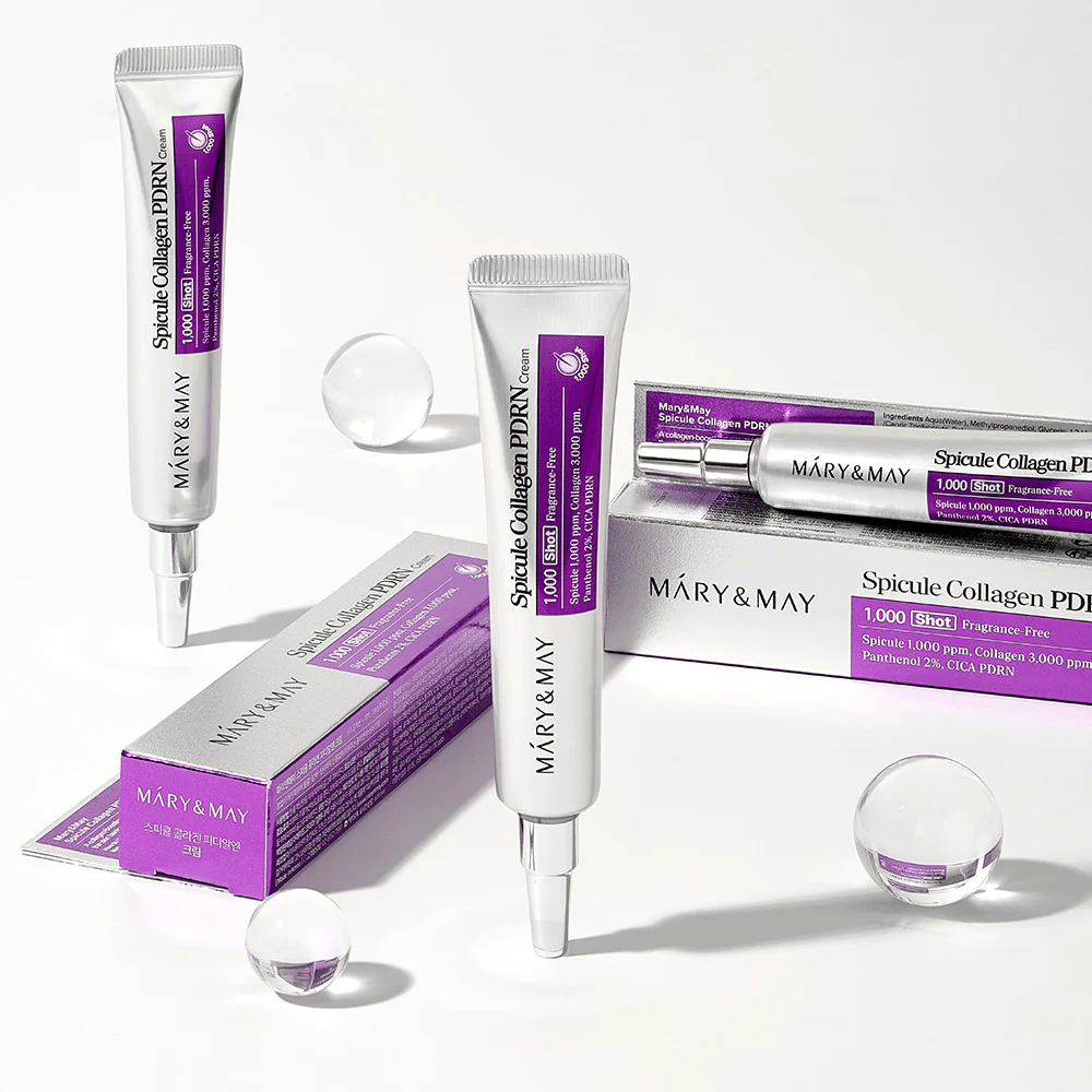 Mary & May Spicule Collagen PDRN Cream in tube met verpakking, Koreaanse huidverzorging met spicula, collageen en PDRN voor huidvernieuwing en verbeterde elasticiteit.