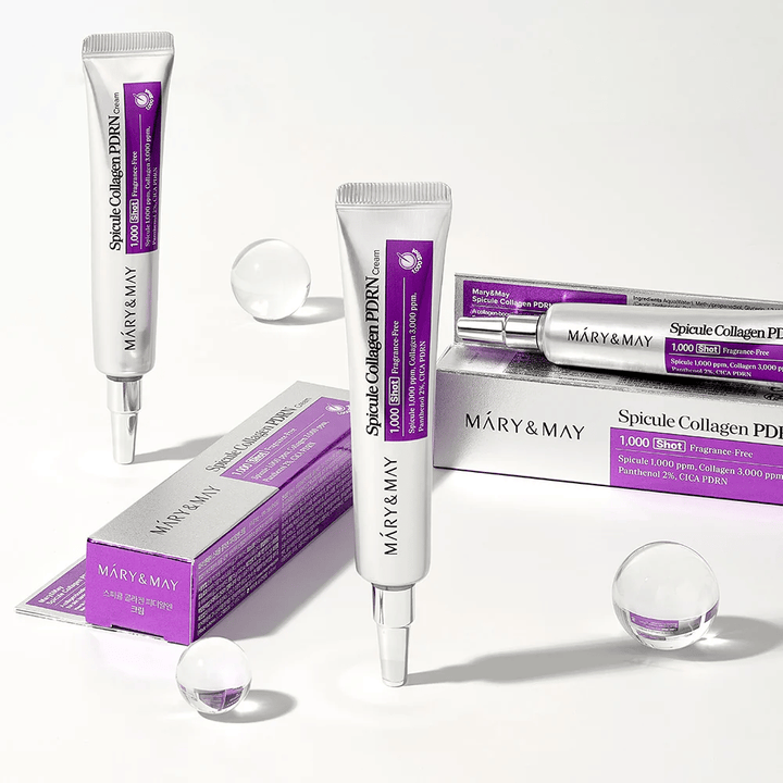 Mary & May Spicule Collagen PDRN Cream in tube met verpakking, Koreaanse huidverzorging met spicula, collageen en PDRN voor huidvernieuwing en verbeterde elasticiteit.
