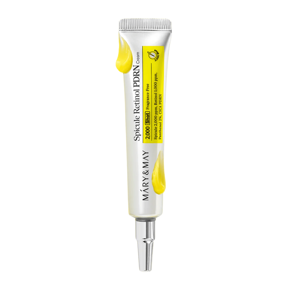 Productafbeelding van MARY & MAY Spicule Retinol PDRN Cream in tube op witte achtergrond, een actieve gezichtscrème met retinol en PDRN die geschikt is voor rijpe en ongelijkmatige huid.