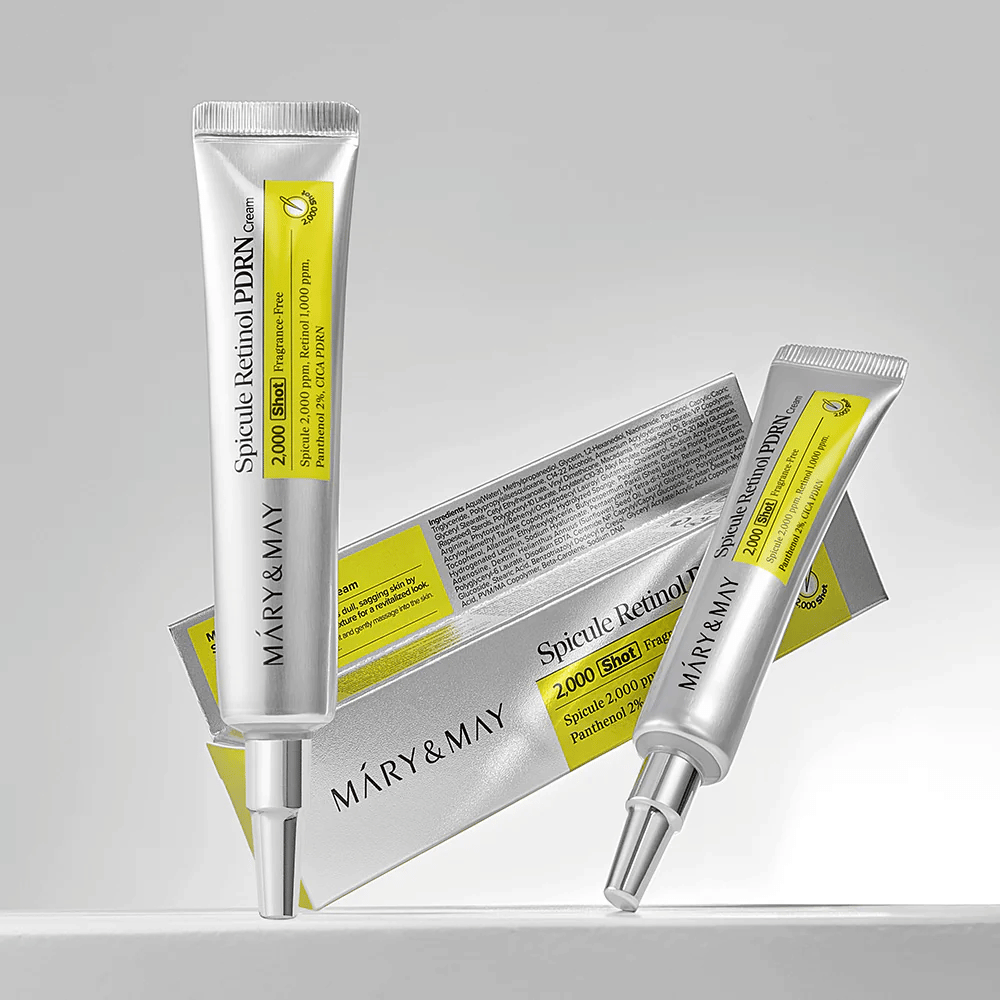 MARY & MAY Spicule Retinol PDRN Cream in tube samen met originele verpakking, een Koreaanse gezichtscrème met retinol en PDRN die de regeneratie van de huid ondersteunt.