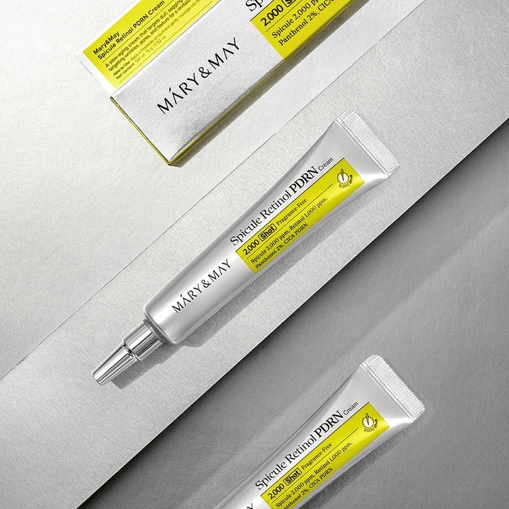 MARY & MAY Spicule Retinol PDRN Cream in tube en verpakking op lichte achtergrond, een actieve gezichtscrème met retinol, spicule-technologie en PDRN voor verbeterde huidstructuur en huidvernieuwing.