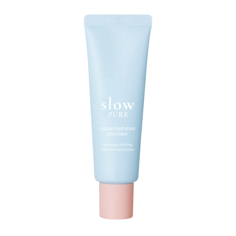 Slow Pure Splash Hydration Gel Cream in blauwe tube met roze dop, hydraterende gelcrème met hyaluronzuur en ectoine.