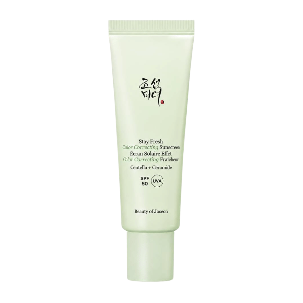 5. Beauty of Joseon Stay Fresh Color Correcting Sunscreen SPF 50 – groene kleurcorrigerende zonnecrème tegen een witte achtergrond