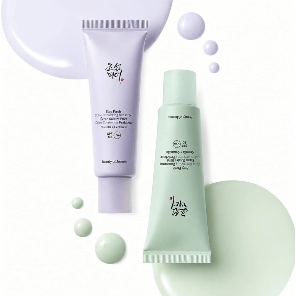 3. Beauty of Joseon Stay Fresh Color Correcting Sunscreen SPF 50 – groene en paarse zonnecrème met kleurstalen