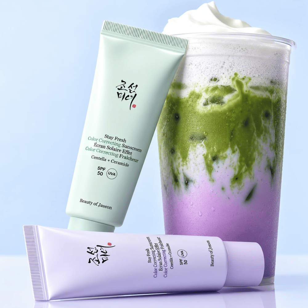 1. Beauty of Joseon Stay Fresh Color Correcting Sunscreen SPF 50 – groene en paarse zonnecrème met bijpassend drankje