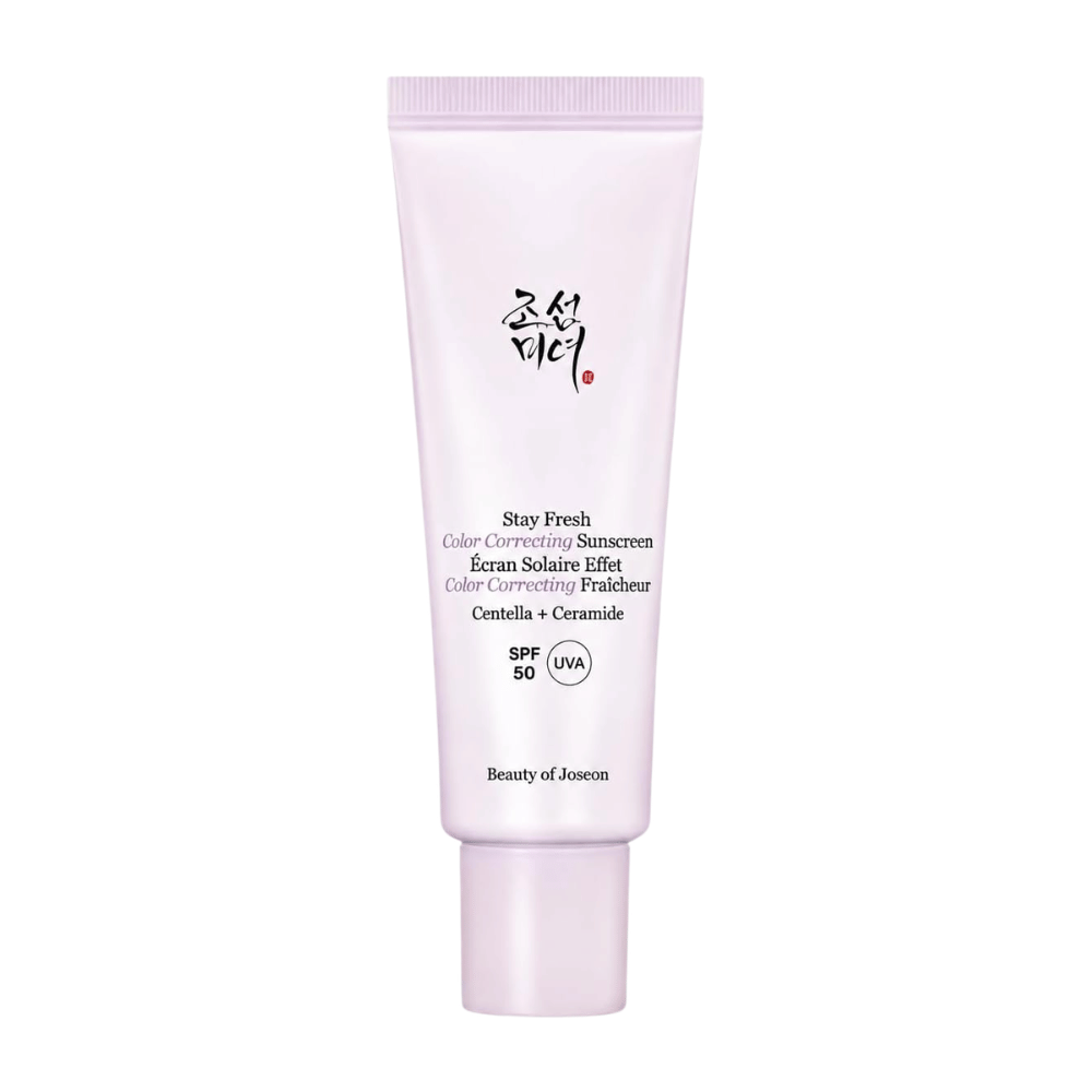 4. Beauty of Joseon Stay Fresh Color Correcting Sunscreen SPF 50 – paarse kleurcorrigerende zonnecrème tegen een witte achtergrond