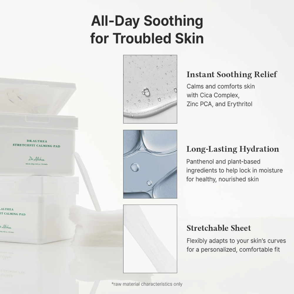 Afbeelding – effect / voordelen (conversie)
Dr. Althea Stretchfit Calming Pad die langdurige hydratatie biedt, irritatie vermindert en de gevoelige huid de hele dag verkoelt.