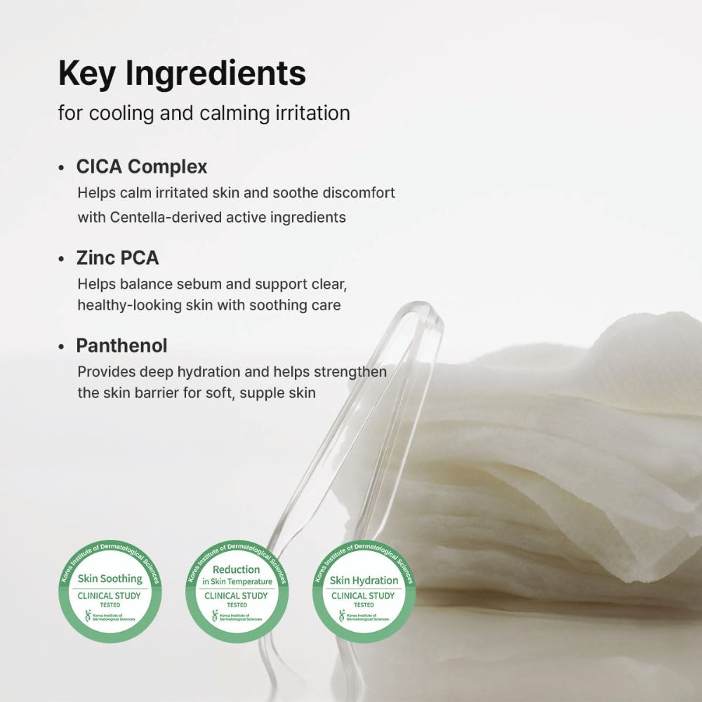 Afbeelding – ingrediënten (EEAT + SEO)
Dr. Althea Stretchfit Calming Pad met CICA Complex, Zinc PCA en Panthenol die de huid kalmeren, talg in balans brengen en de huidbarrière versterken.