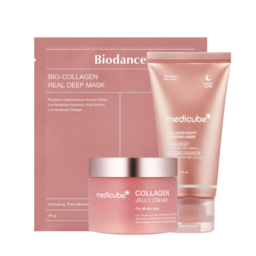 Het productenset "Sweet Dreams Skincare" van Medicube, ontworpen om de stevigheid en glans van de huid 's nachts te verbeteren. Het bevat "Collagen Jelly Cream", "Collagen Night Wrapping Mask" en "Bio-Collagen Real Deep Mask". Deze producten zijn verrijkt met collageen, probiotica en hyaluronzuur, en zijn bedoeld om te hydrateren en poriën te minimaliseren, waardoor een zachte en soepele huid ontstaat.