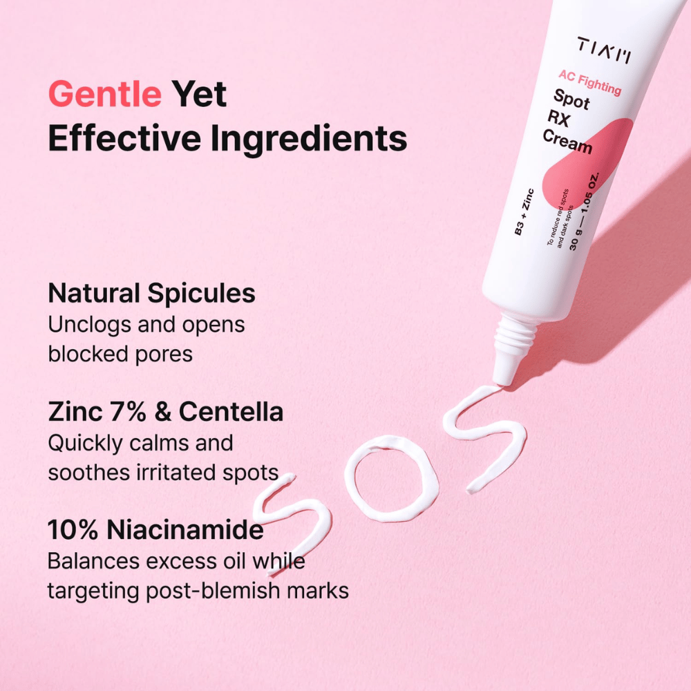 TIA'M AC Fighting Spot RX Cream met zink, niacinamide en centella – kalmeert, balanceert talg en vermindert rode vlekken.