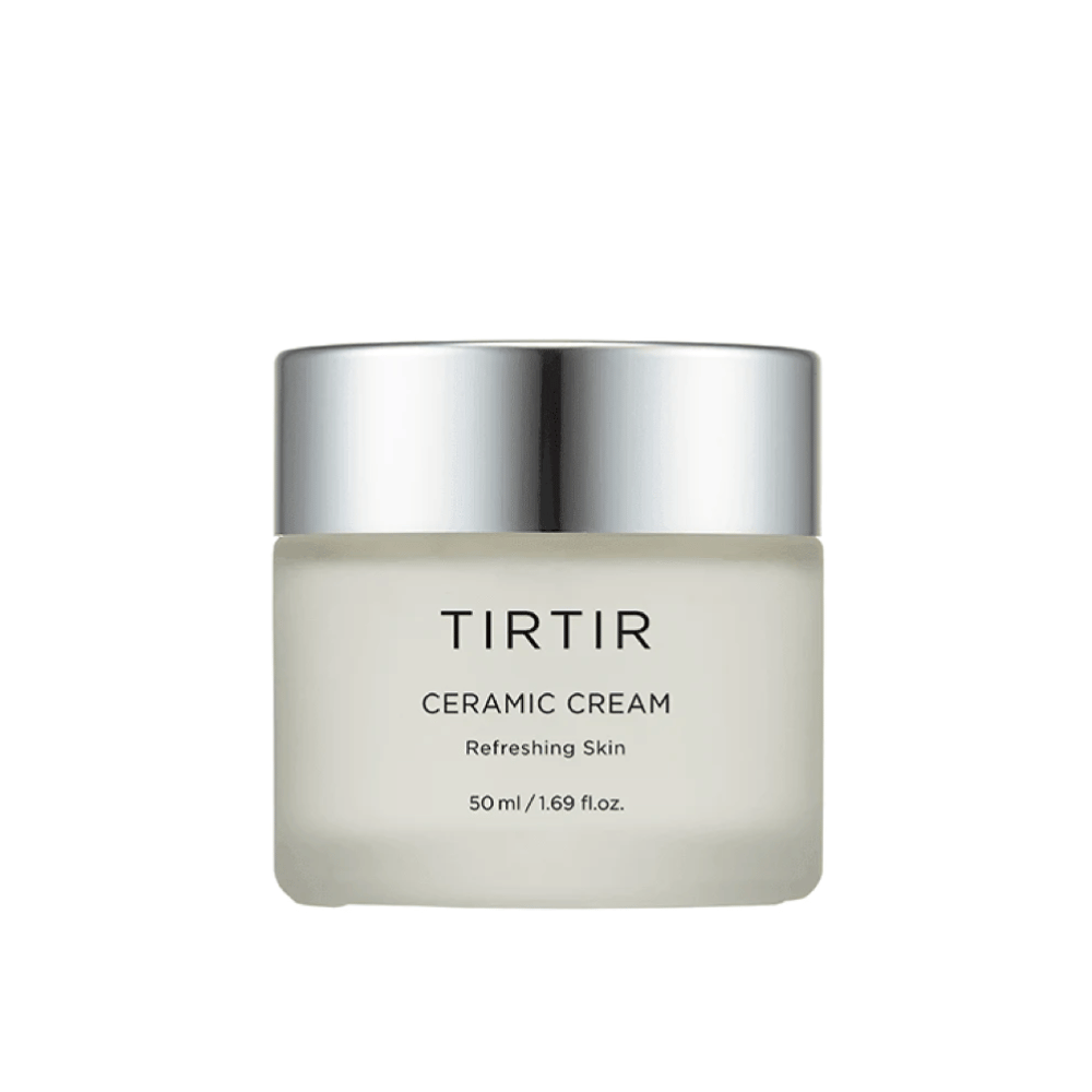 Een pot van TIRTIR Ceramic Cream bedoeld voor "Verfrissende Huid", met een inhoud van 50 ml / 1.69 fl oz. De pot heeft een verloop van wit naar transparant en een zilverkleurige dop.