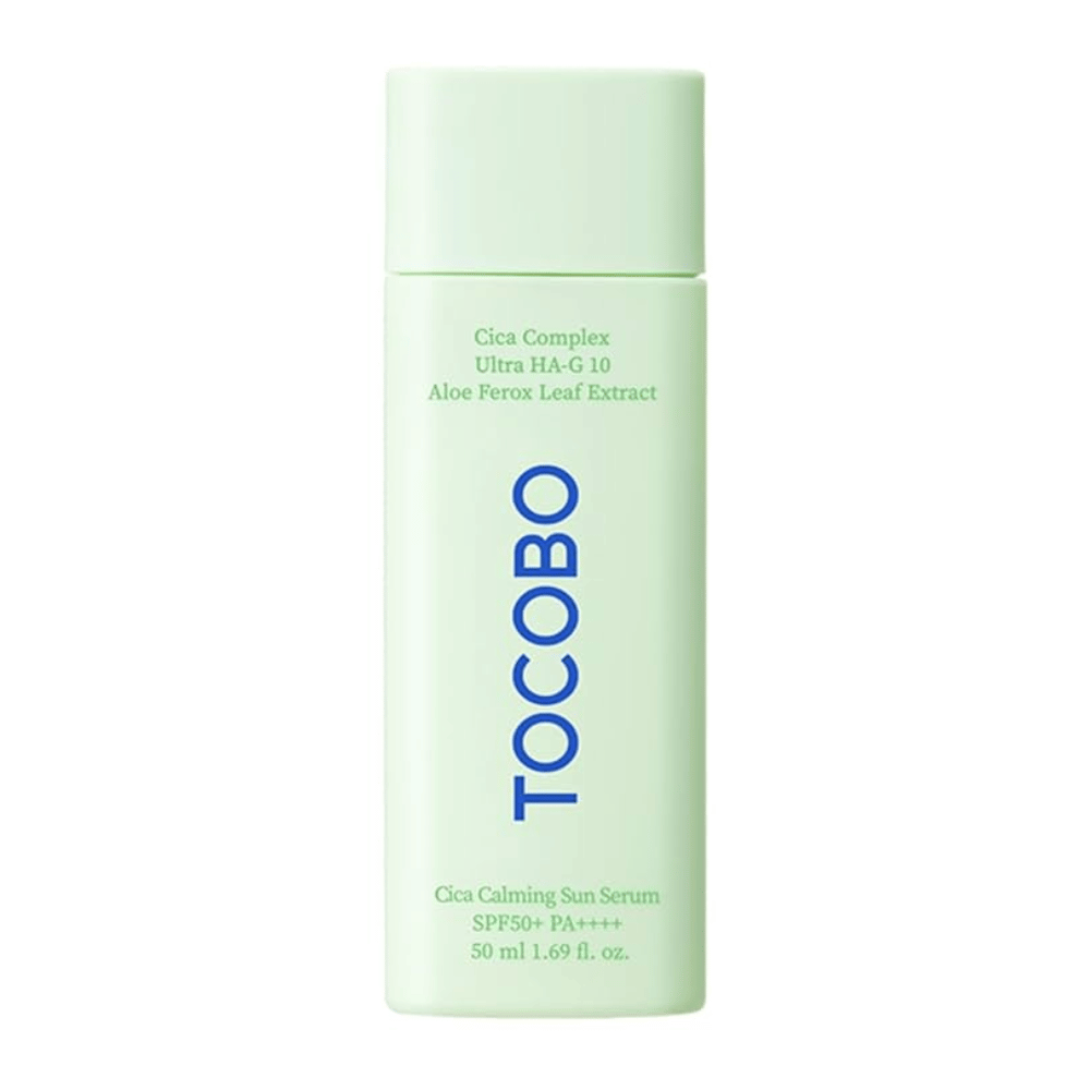 TOCOBO Cica Calming Sun Serum in mintgroene fles met blauwe tekst, SPF50+ PA++++, 50 ml.