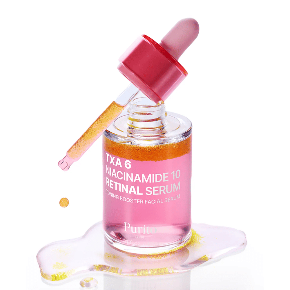 Purito TXA 6 Niacinamide 10 Retinal Serum – roze toning booster serum met pipet. Combineert TXA, niacinamide en retinal voor een egale huidtint.