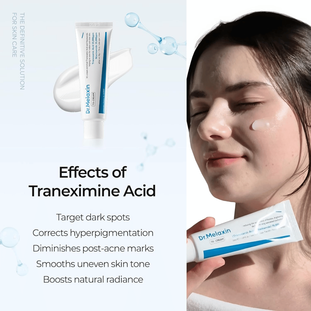 Huidverzorging met tranexaminezuur die hyperpigmentatie, acne-littekens en donkere vlekken vermindert en zorgt voor een egalere en stralendere huid