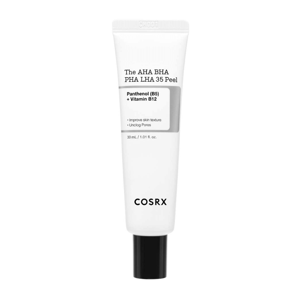 COSRX AHA BHA PHA LHA 35 Peel, een exfoliërend product met panthenol (B5) en vitamine B12. Verbetert de textuur van de huid en reinigt verstopte poriën. Inhoud: 30 ml.
