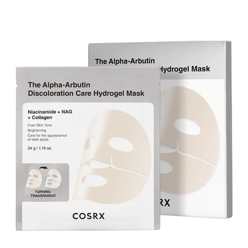 COSRX Alpha-Arbutin Discoloration Care Hydrogel Mask productafbeelding – hydrogel Sheet mask die zich richt op pigmentvlekken, glans en verbeterde huidhelderheid.