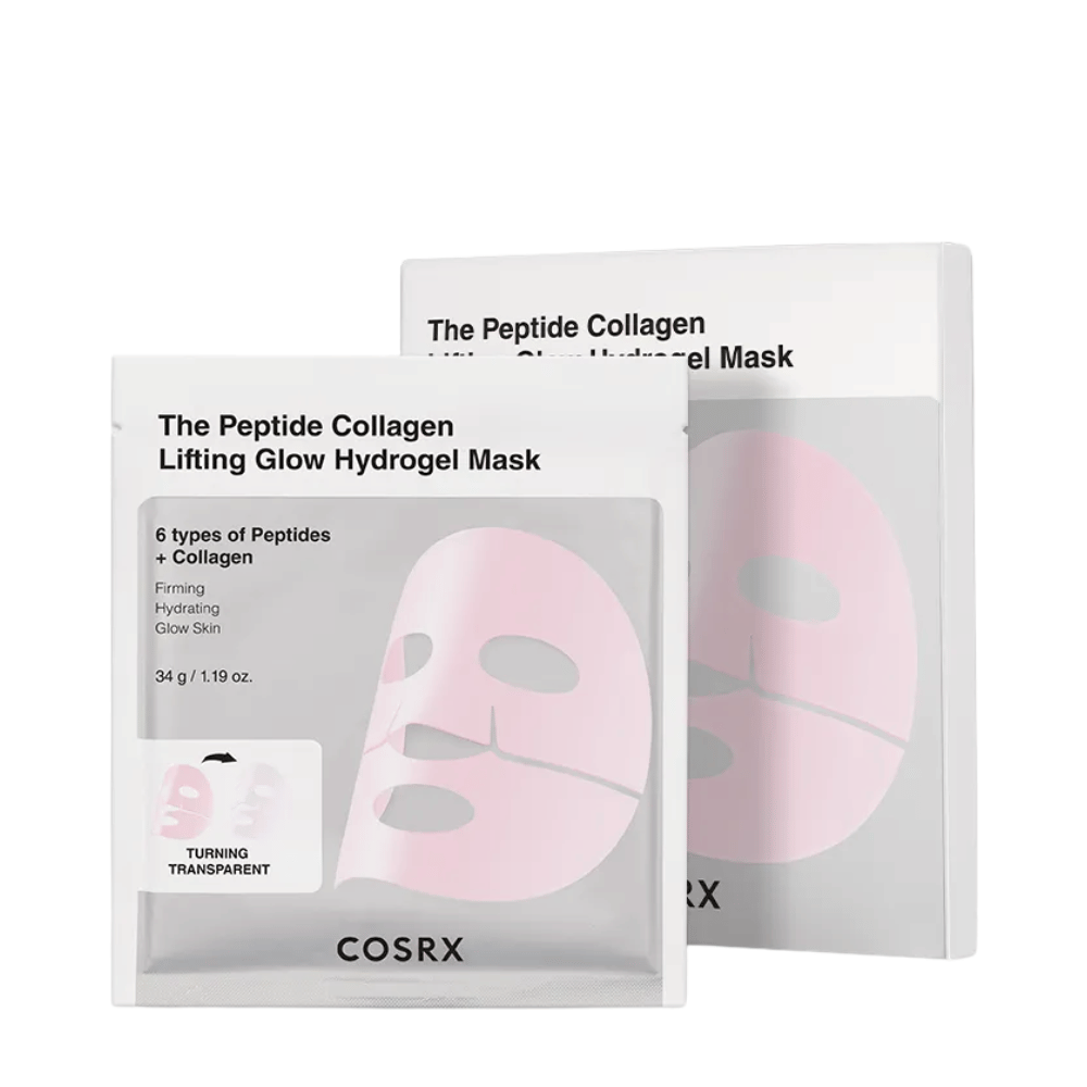 Productafbeelding van COSRX Peptide Collagen Lifting Glow Hydrogel Mask - verstevigend en hydraterend gezichtsmasker met peptiden en collageen.